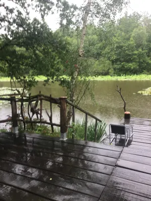 Image of Chalet on the edge of a pond in a site where nature is preserved.fishing, canoes.