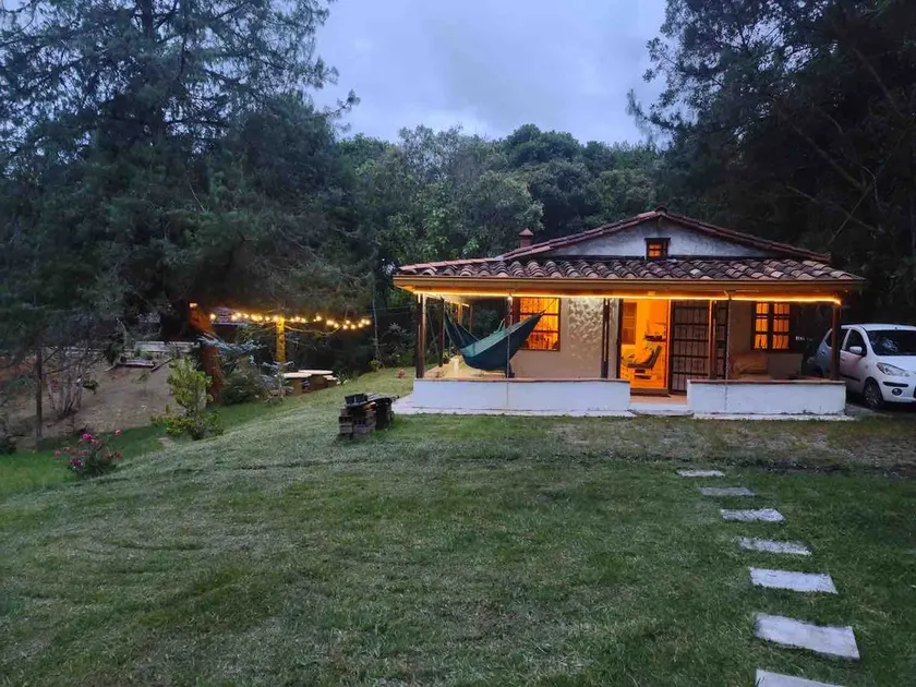 House surrounded by nature and a fireplace inside - Image 1