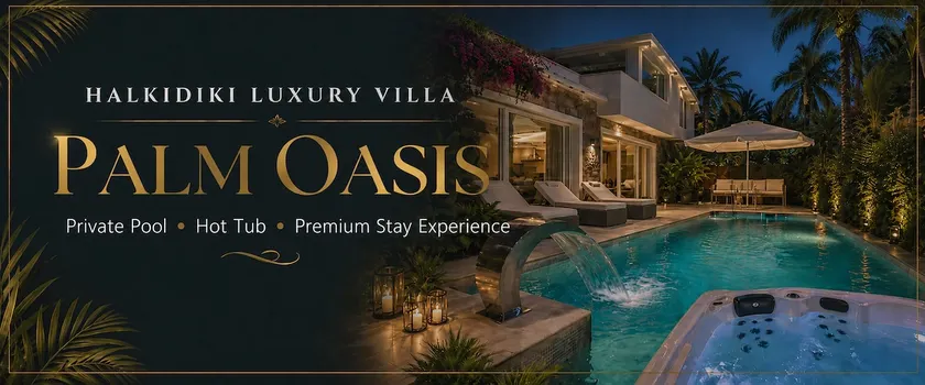 Halkidiki Luxury Palm Oasis Pool & Spa • 120m Sea - Image 1