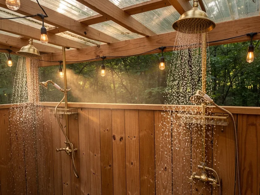Wooded luxe cottage-outdoor shower-firepit - Image 1