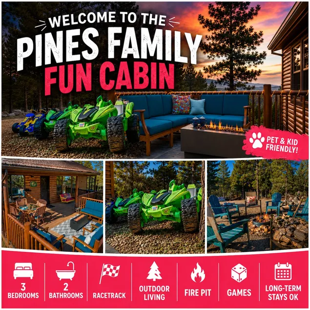 Family & Pet Friendly Cabin In Pines Huge Deck Views BBQ Power Wheels Race Track - Image 1