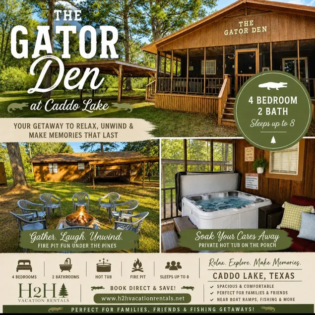 HOT TUB-Firepit-Boat Ramp-Caddo-The Gator Den - Image 1