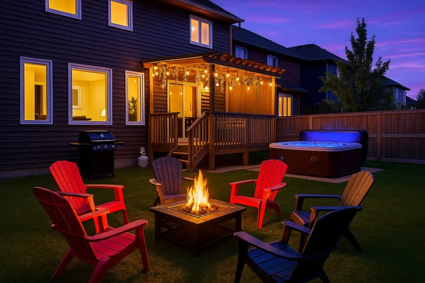 Outdoor Oasis-Hottub-BBQ-Firetable-AC-KingBd-85in TV - Image 1