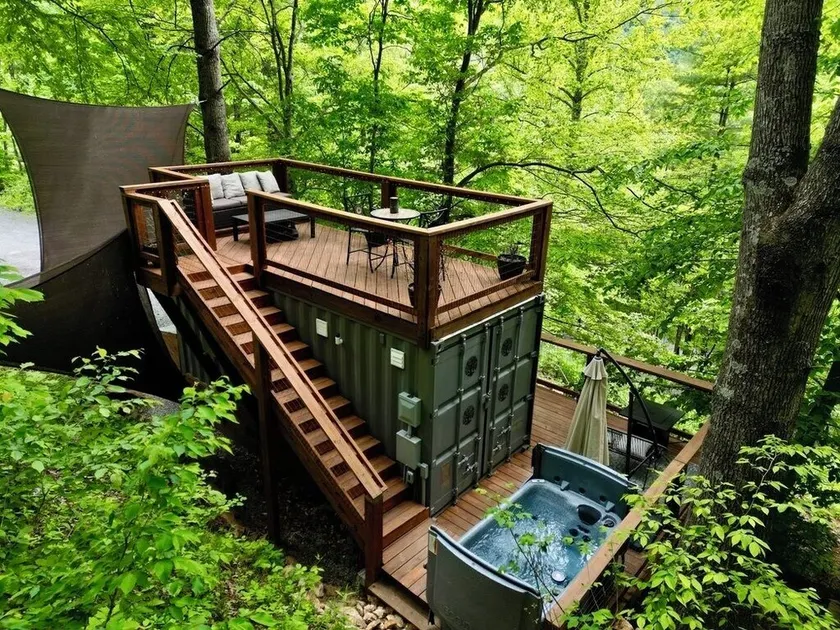 Tiny Container Home Retreat with Hot Tub, Fire Table, Dining Area, and Views! - Image 1