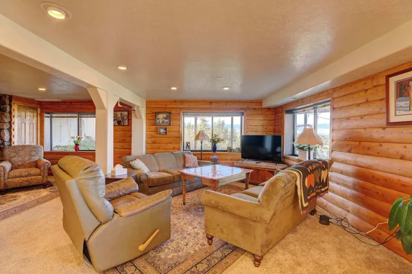 Panorama | Sweeping Bighorn Mountain Views | Spacious 3-Bedroom Walk-Out Retreat | Renovated Spa Bathroom | Western Living Room with Log Accents | Sheridan Wyoming Vacation Rental - Image 1