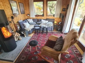 Tree top view + fireplace in the cozy wooden house - Image 5