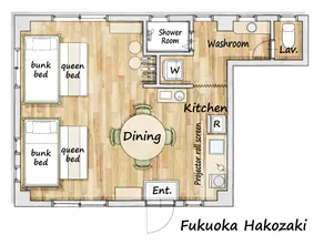 2 stops to Hakata Station | 5-minute walk to Hakozaki Station | 100-inch screen for viewing videos | Maximum 6 people, spacious 40 m² - Image 3