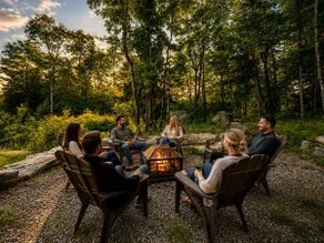 Whiskey Mountain Spa fireplace and forest - Image 4