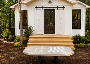 Wooded luxe cottage-outdoor shower-firepit - Image 3