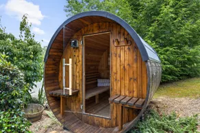 Cabin · Waterfall Pool + Hot Tub · Barrel Sauna - Image 5