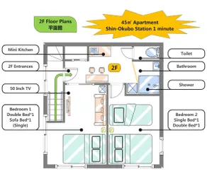#HNC2F* | 1 min walk from Shin-Okubo Station on Yamanote Line | 45 ㎡ cozy sunny apartment in the heart of Shinjuku - Image 2